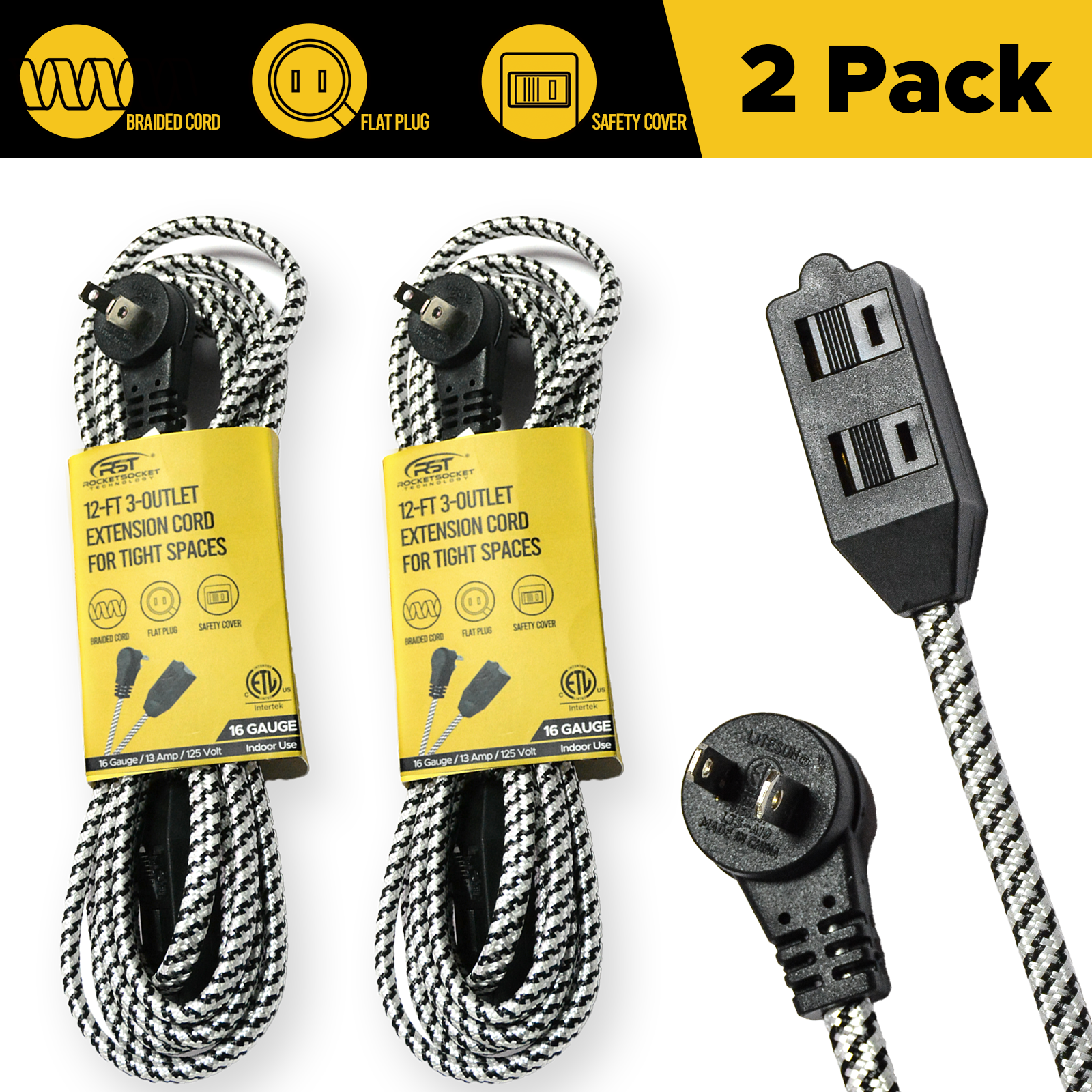 CRST 2-Pack 12ft Braided Flat Extension Cord | 2-Prong, 3-Outlet, Sliding Safety Covers, 45° Flat Plug, 16AWG 13A, ETL Listed