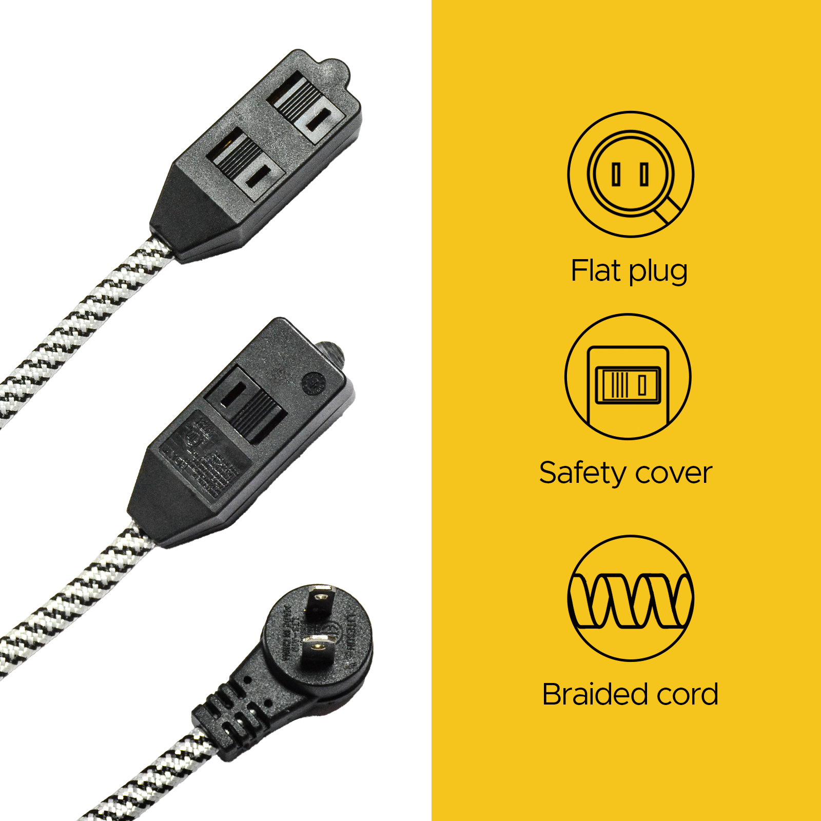 CRST 2-Pack 12ft Braided Flat Extension Cord | 2-Prong, 3-Outlet, Sliding Safety Covers, 45° Flat Plug, 16AWG 13A, ETL Listed