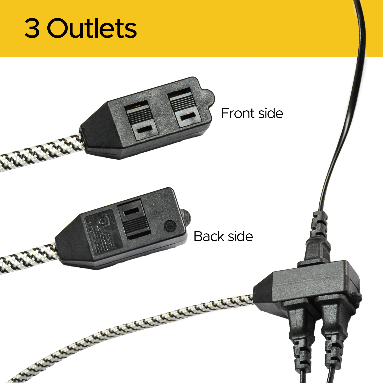 CRST 2-Pack 12ft Braided Flat Extension Cord | 2-Prong, 3-Outlet, Sliding Safety Covers, 45° Flat Plug, 16AWG 13A, ETL Listed