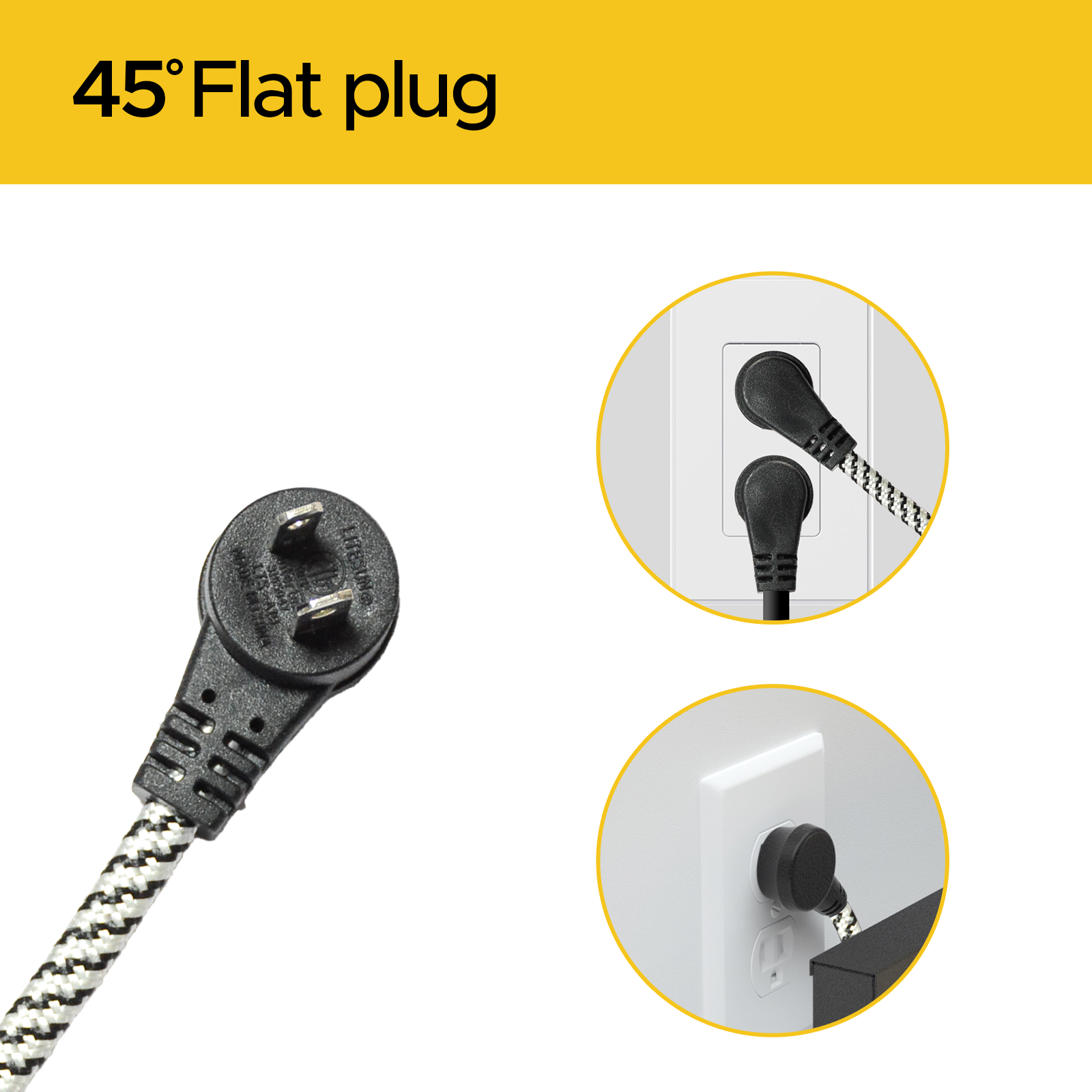CRST 2-Pack 12ft Braided Flat Extension Cord | 2-Prong, 3-Outlet, Sliding Safety Covers, 45° Flat Plug, 16AWG 13A, ETL Listed