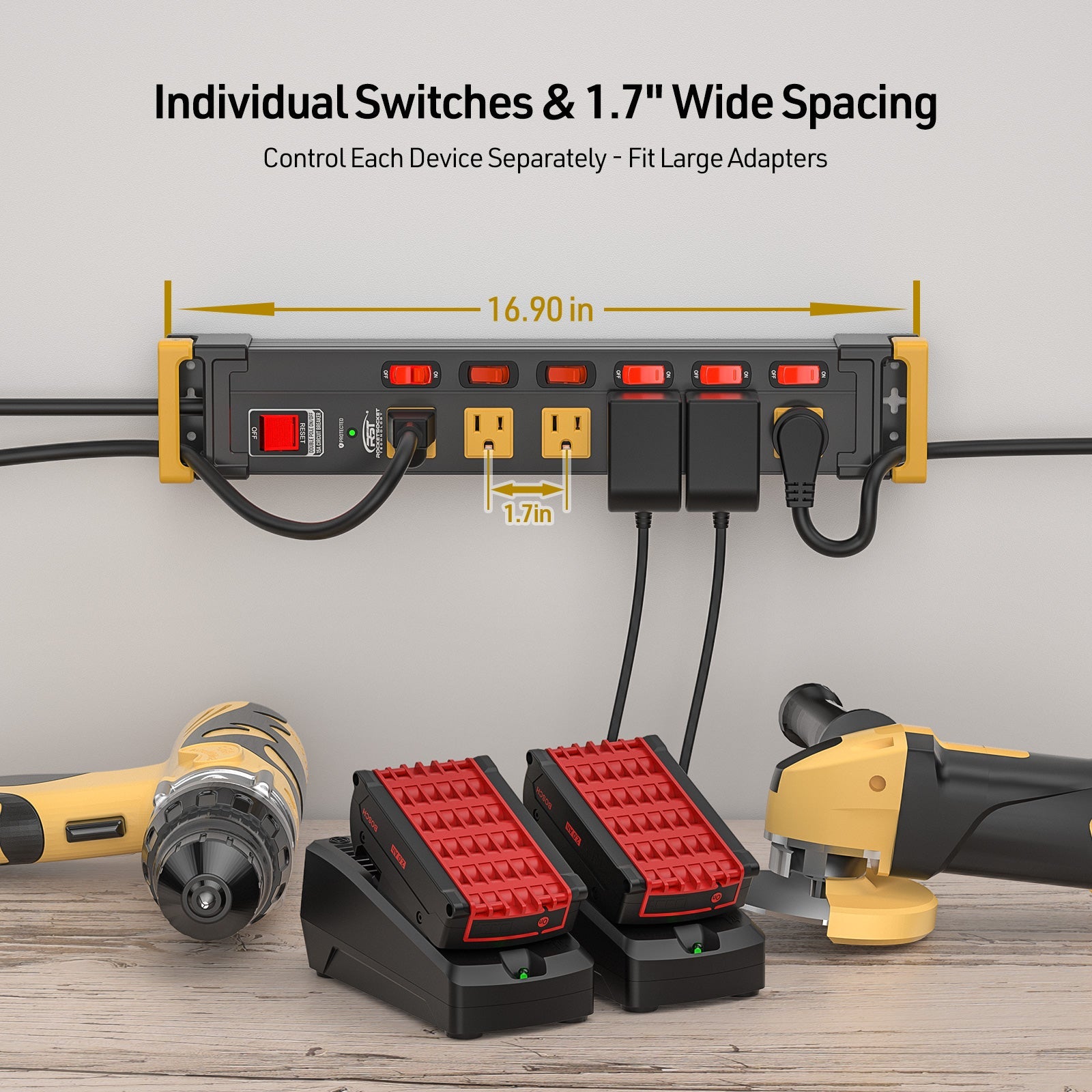 CRST 6-Outlet Metal Power Strip | 6 Individual Switches + Dual-Pole Master Switch, 1020J Surge Protector, Mountable