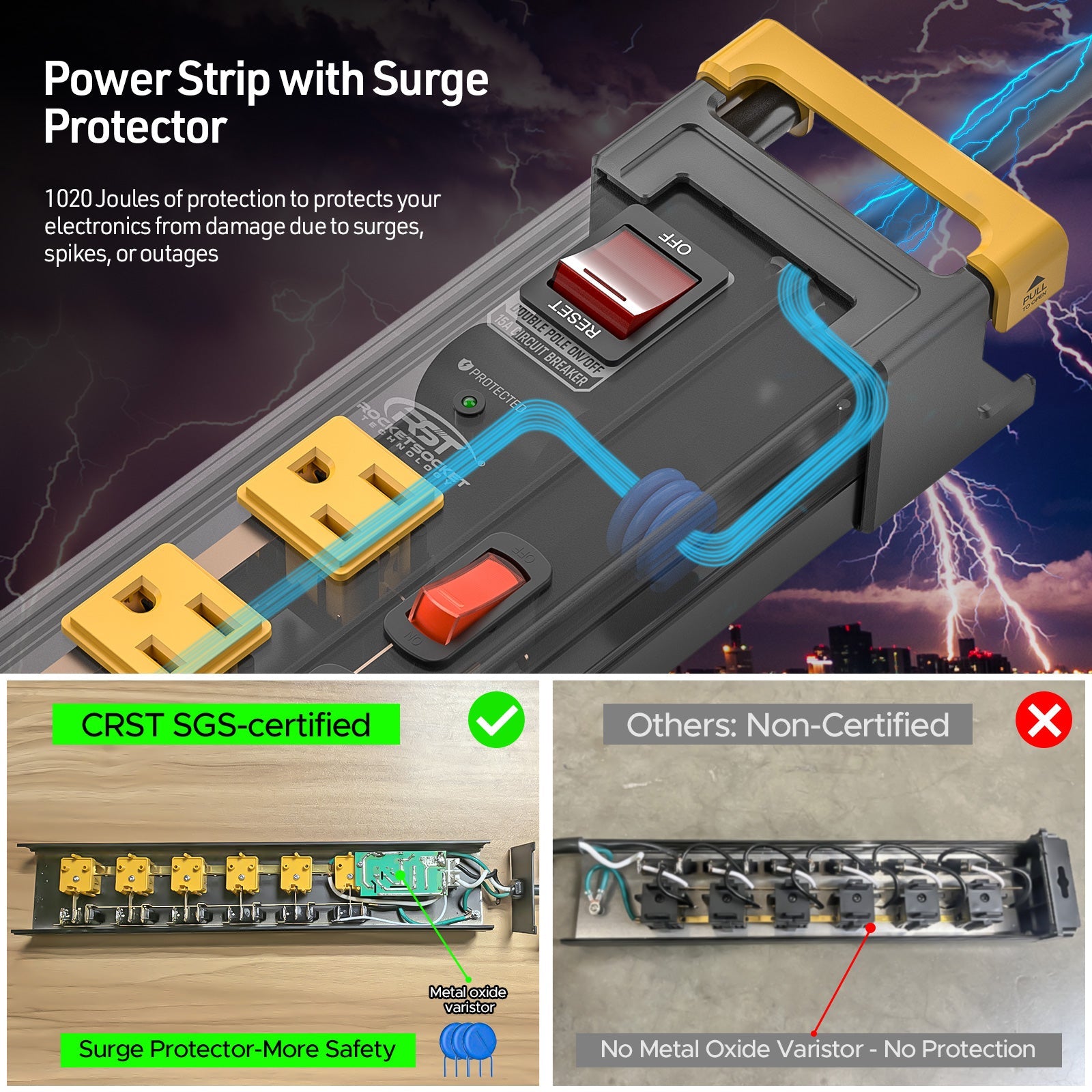 CRST 6-Outlet Metal Power Strip | 6 Individual Switches + Dual-Pole Master Switch, 1020J Surge Protector, Mountable