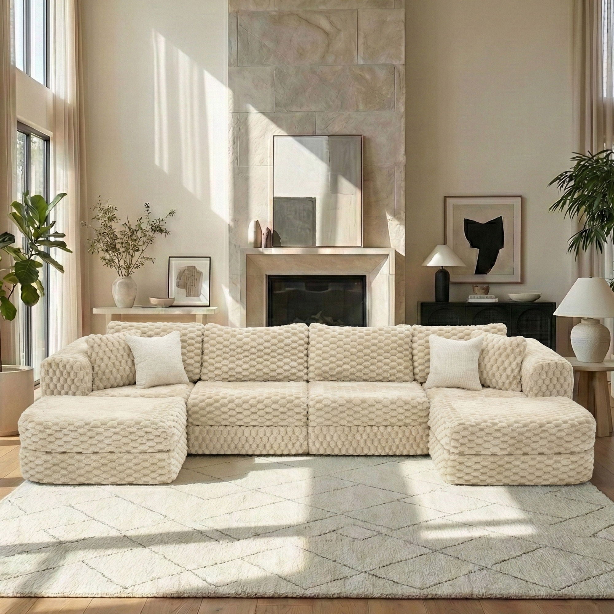 Modular Sectional Sofa, Boneless Couch With 2 Movable Ottomans