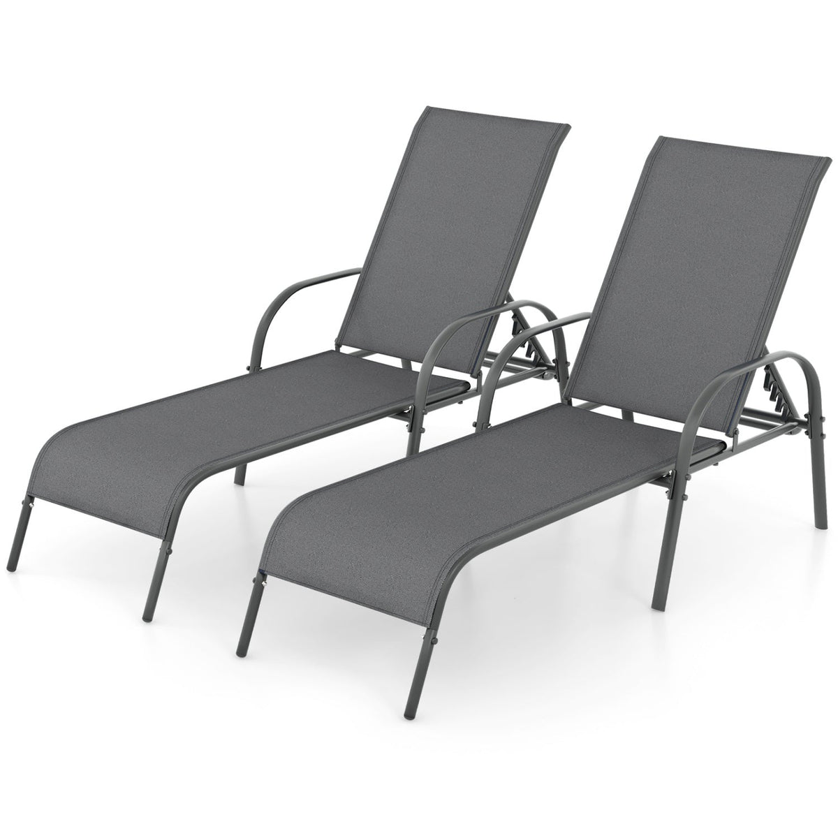 2 Pcs Outdoor Patio Lounge Chair Chaise Fabric with Adjustable Reclining Armrest-Brown