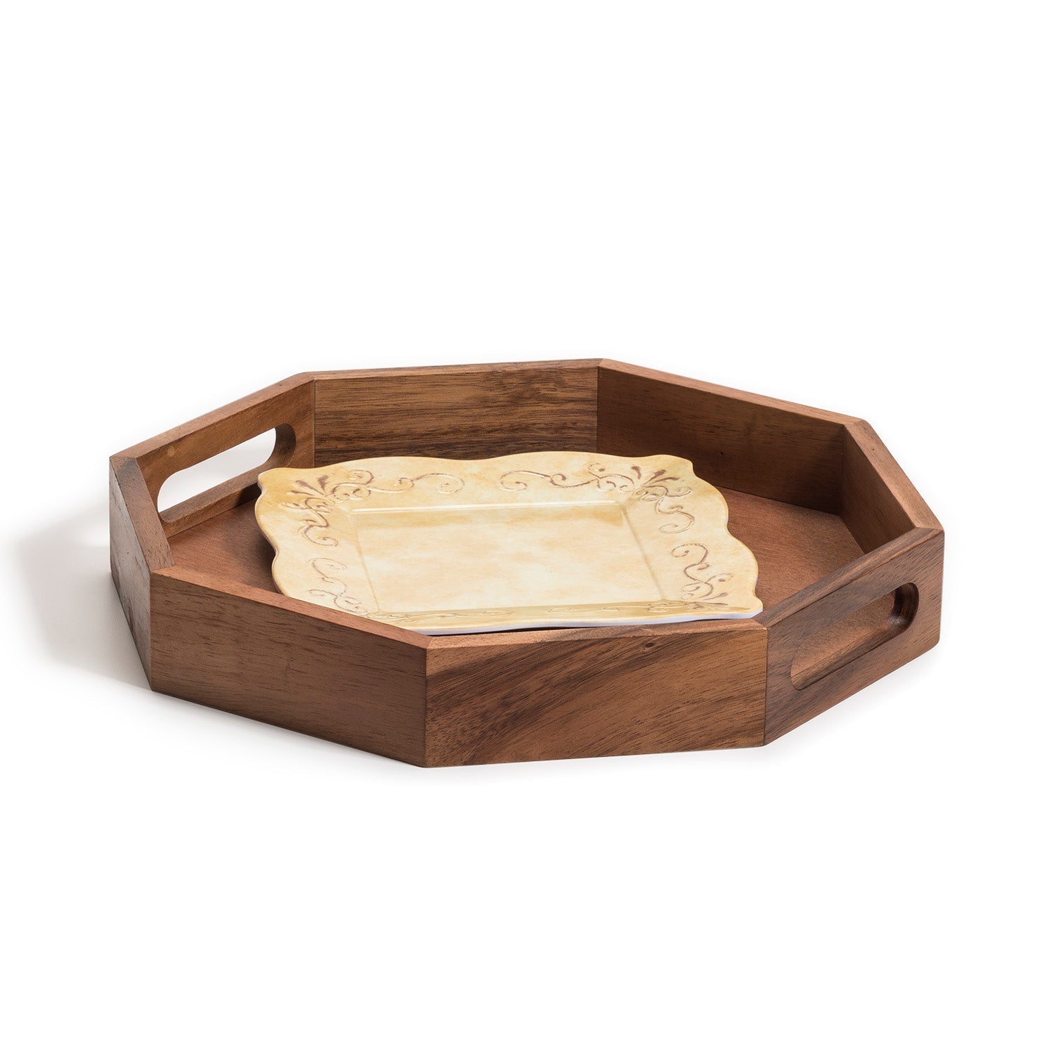 Acacia Wood Octagon Serving Tray –  Rustic Wooden Tray for Coffee Table, Kitchen or Home Decor