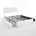 Upholstered Bed Frame With LED Lights, 4 Storage Drawers, Charging Station
