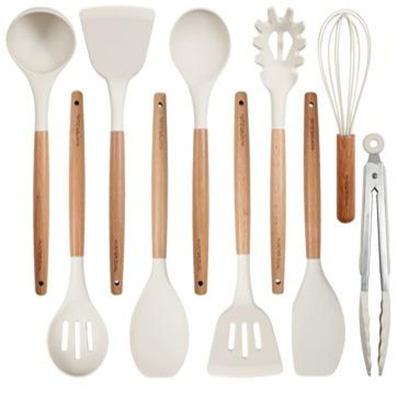 Silicone Cooking Utensils Set 10 Pcs - BPA Free Kitchen Utensil Set with Heat-Resistant Wood Handles, Non-Scratch Spatula Set Safe for Nonstick Cookware (Black)