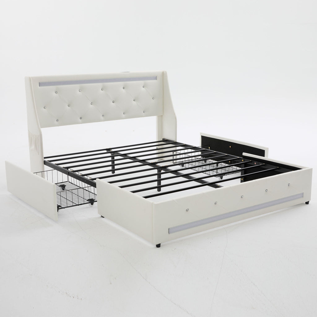 Wingback Upholstered Bed Frame With LED Lights, Charging Station