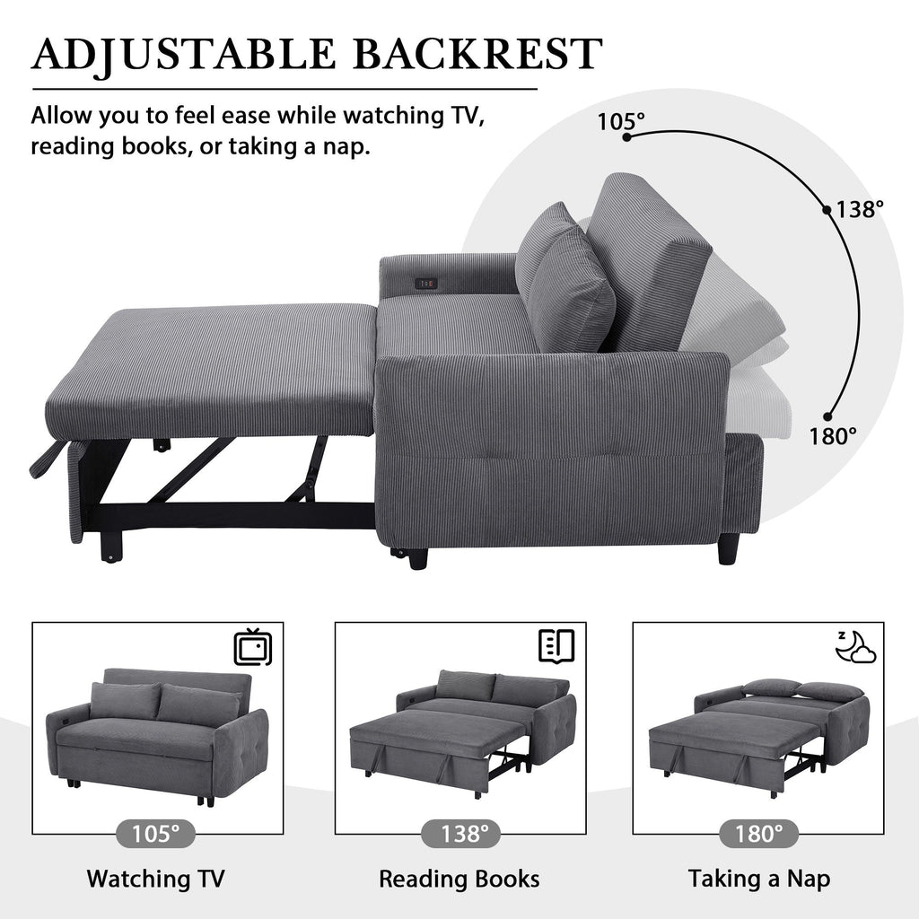 Pull-Out 2 Seat Modern Sleeper Sofa With 2 Throw Pillows And USB Ports