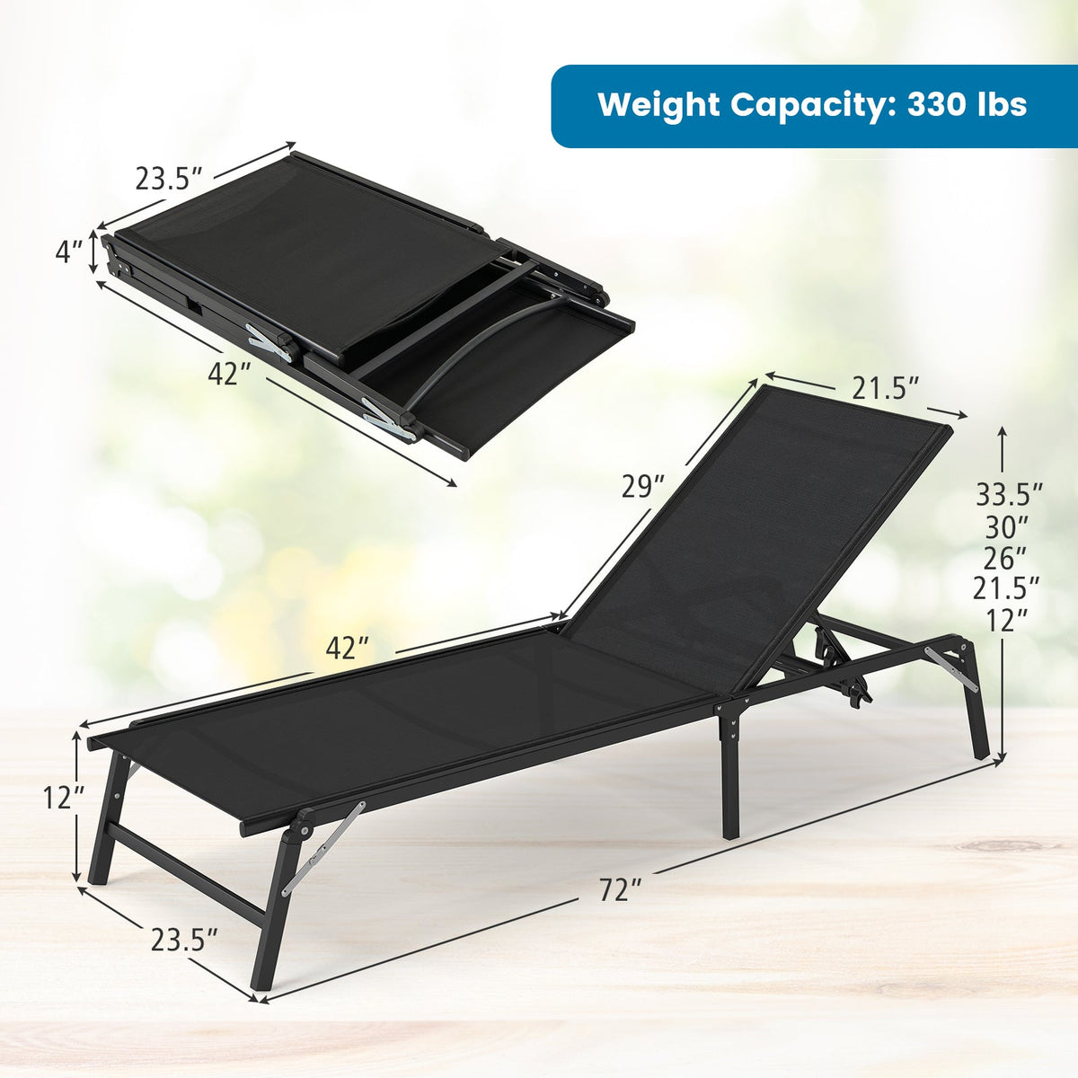 Chaise Lounge Chair Set of 2 Foldable Patio Lounge Chairs-Black