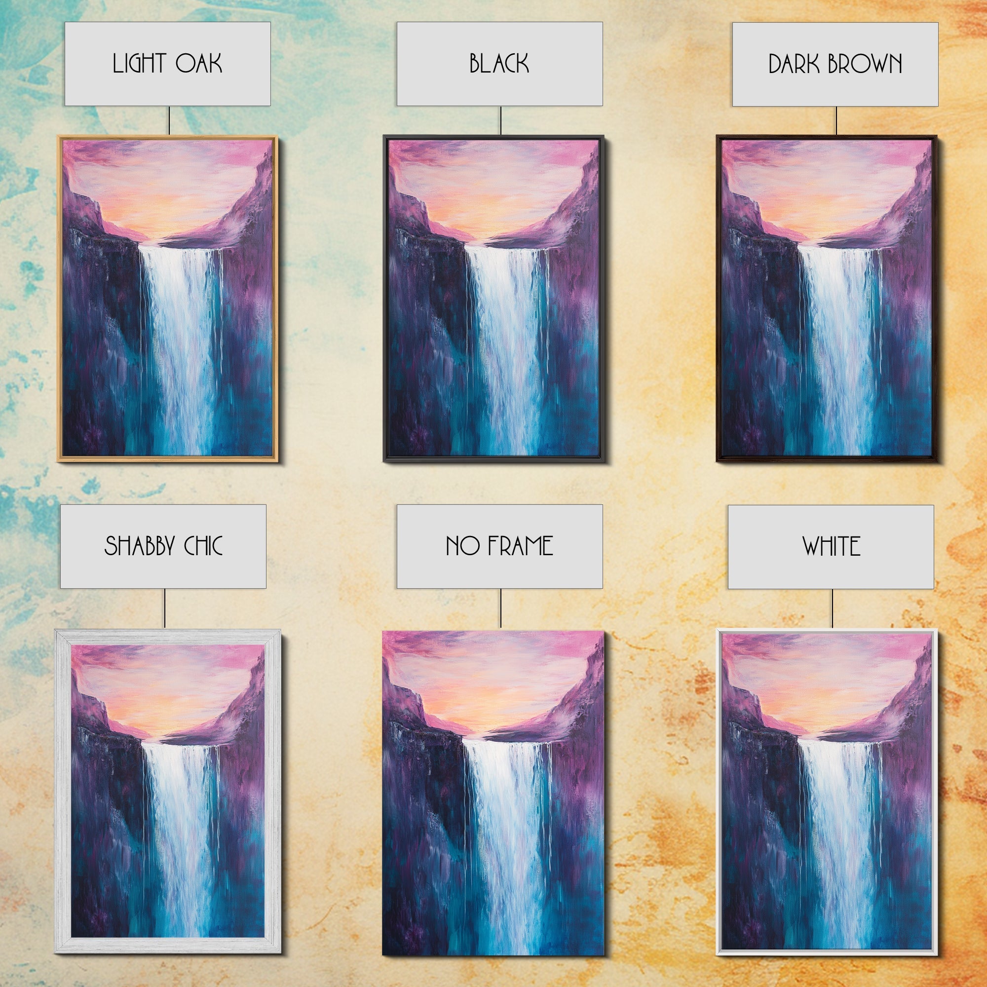 Waterfall Sunset, Moody Art, Mountain Painting, Landscape Painting, Pink Orange Wall Art, Above Couch Art, Canvas Print