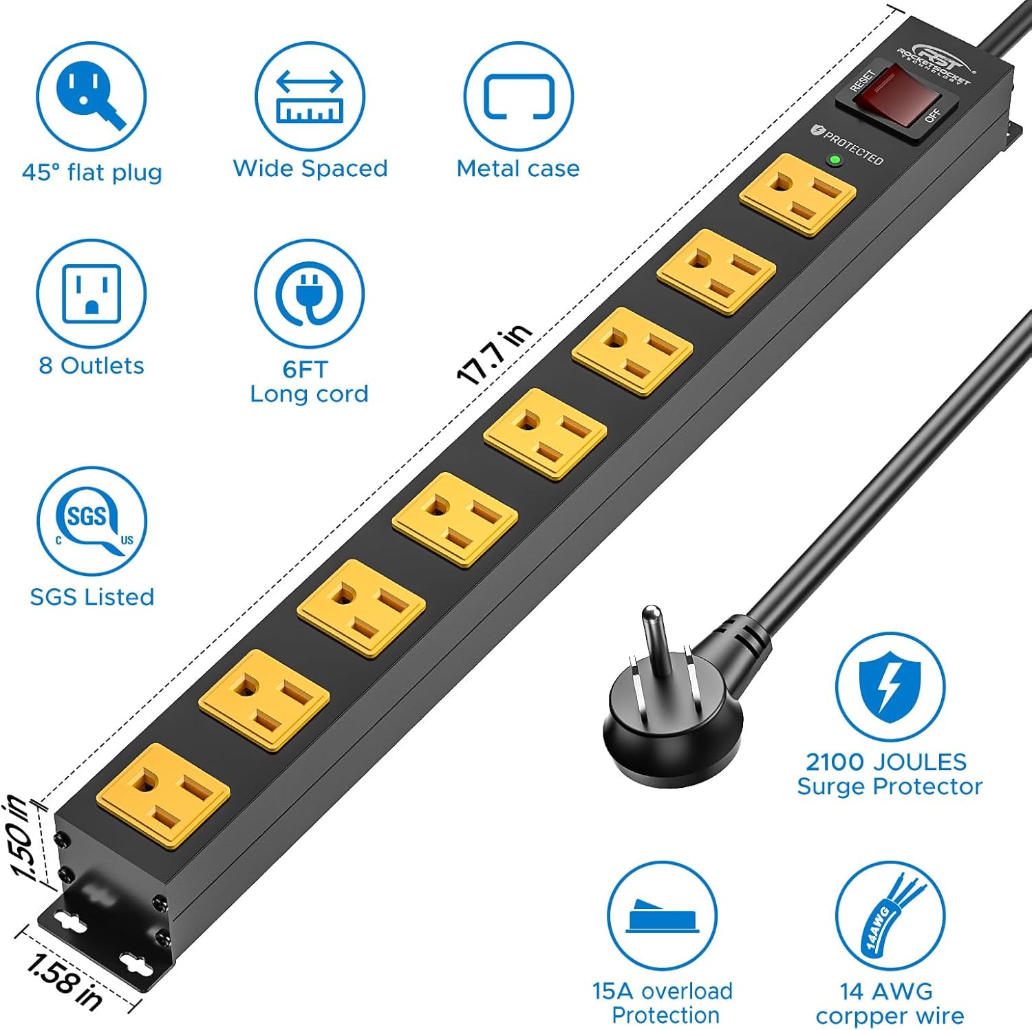 CRST 2-Pack 8-Outlet Heavy Duty Metal Power Strip, 2100J Surge, Mountable, ETL Listed
