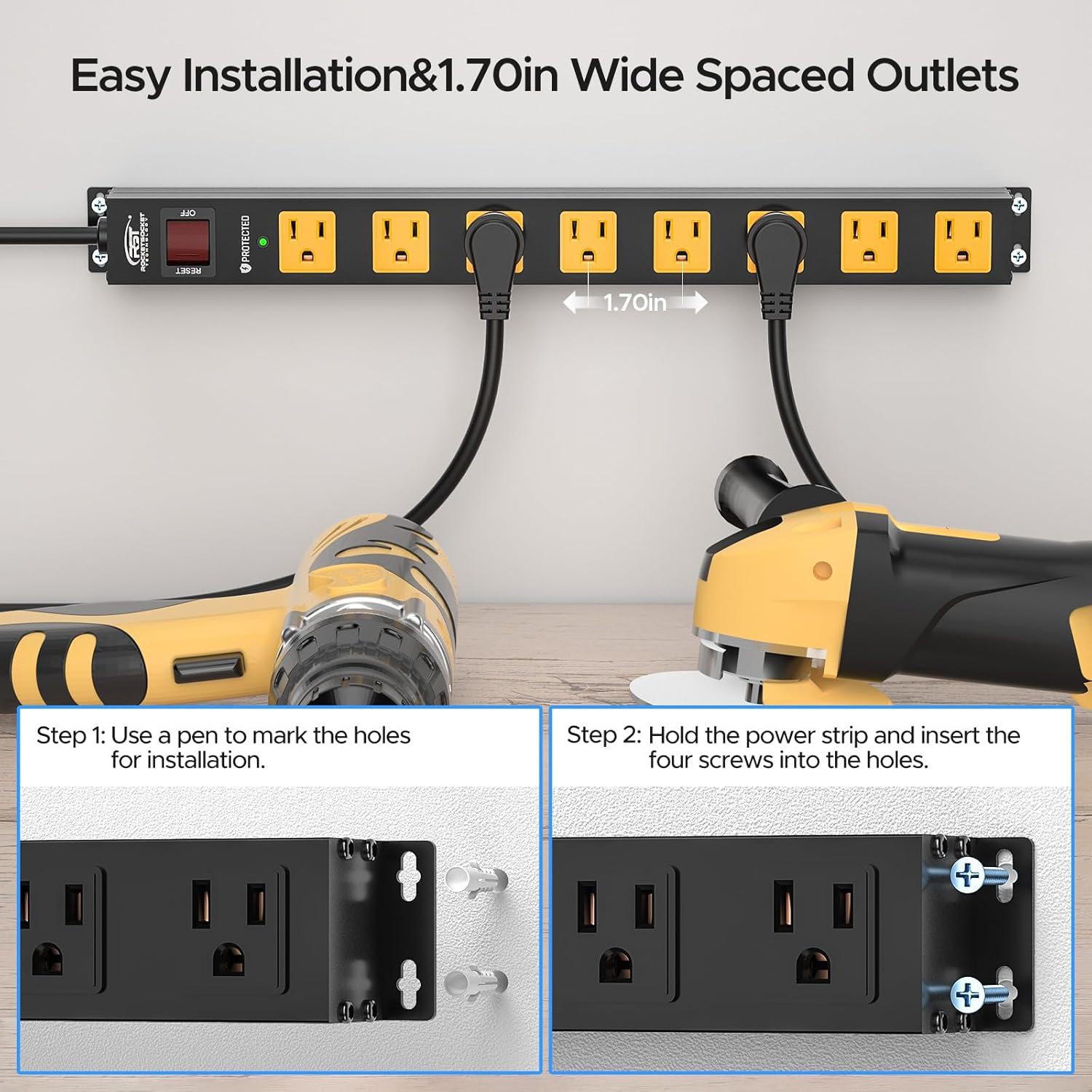 CRST 2-Pack 8-Outlet Heavy Duty Metal Power Strip, 2100J Surge, Mountable, ETL Listed