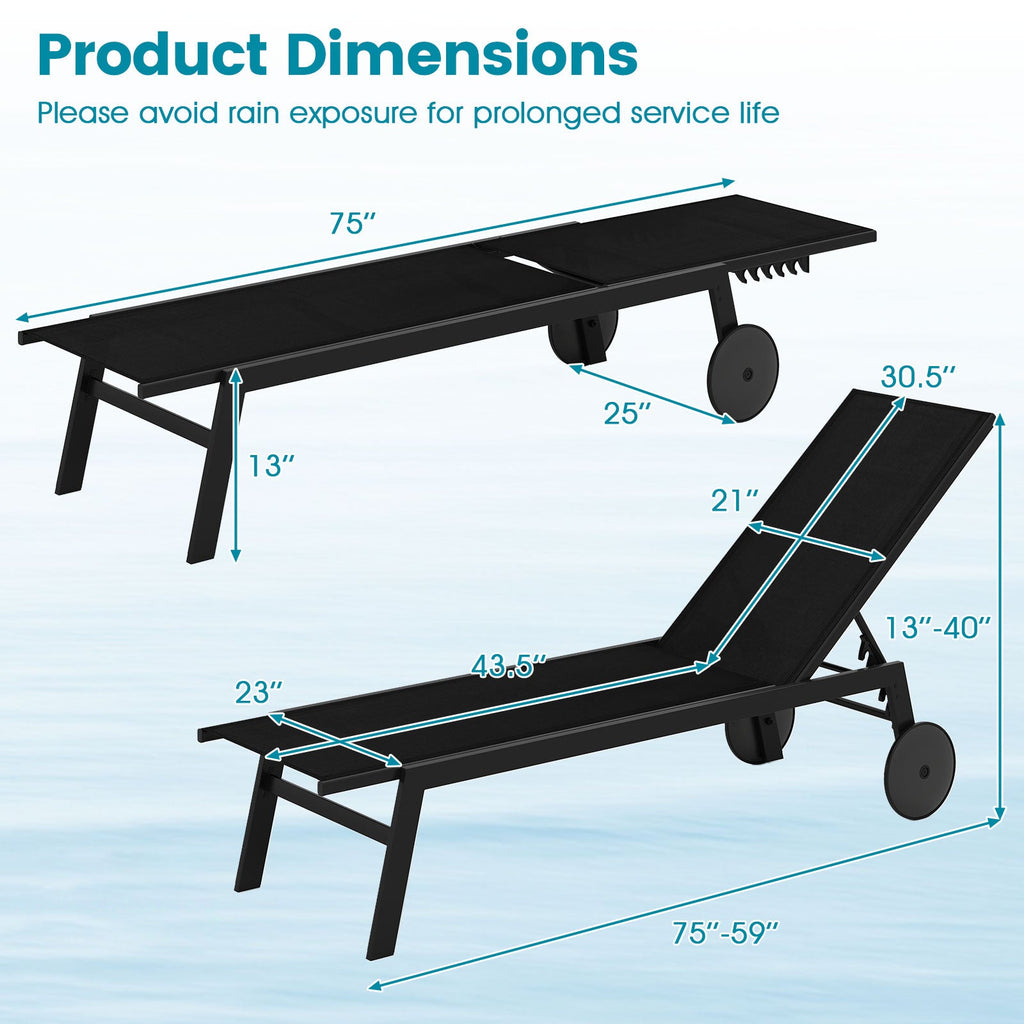 Patio Chaise Lounge Chair with Wheels and 6