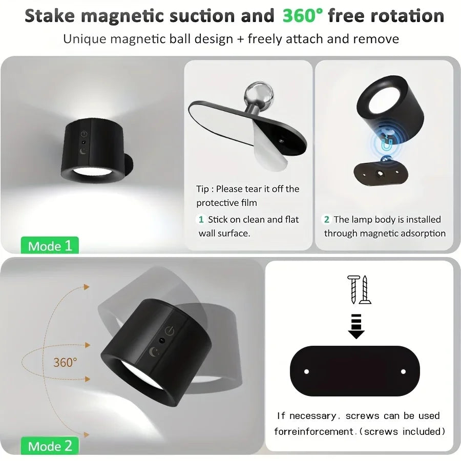 Double Head Magnetic LED Wall Lamp Rechargeable 360° Rotation Wireless Remote Control Spotlight For Bedroom Living Room Decor