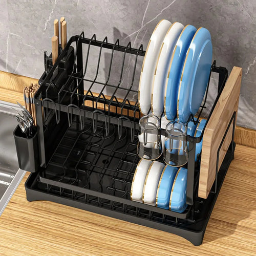 2-Tier Rotating Dish Drying Rack – 360° Swivel Drainboard with Utensil Holder, No-Drill Metal Kitchen Organizer
