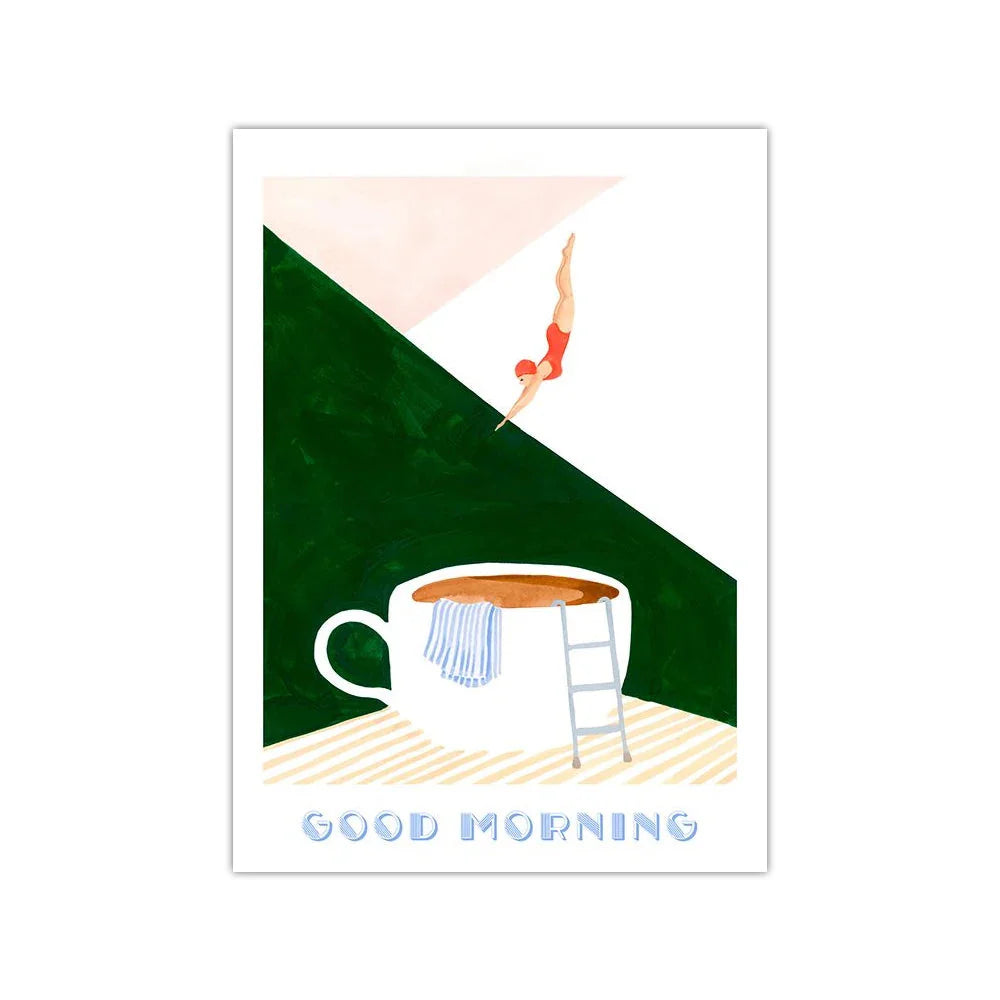 Retro Coffee Diving Poster Canvas Wall Art | Good Morning Coffee Print