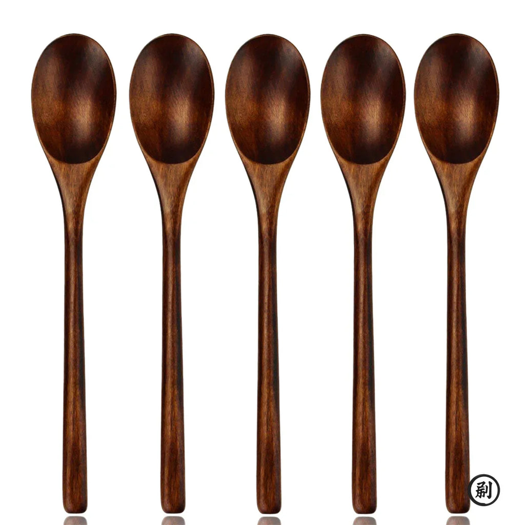 5-Piece Wooden Spoon & Fork Set – Natural Eco-Friendly Tableware | Handmade Ellipse Soup Ladle & Cooking Utensil Set