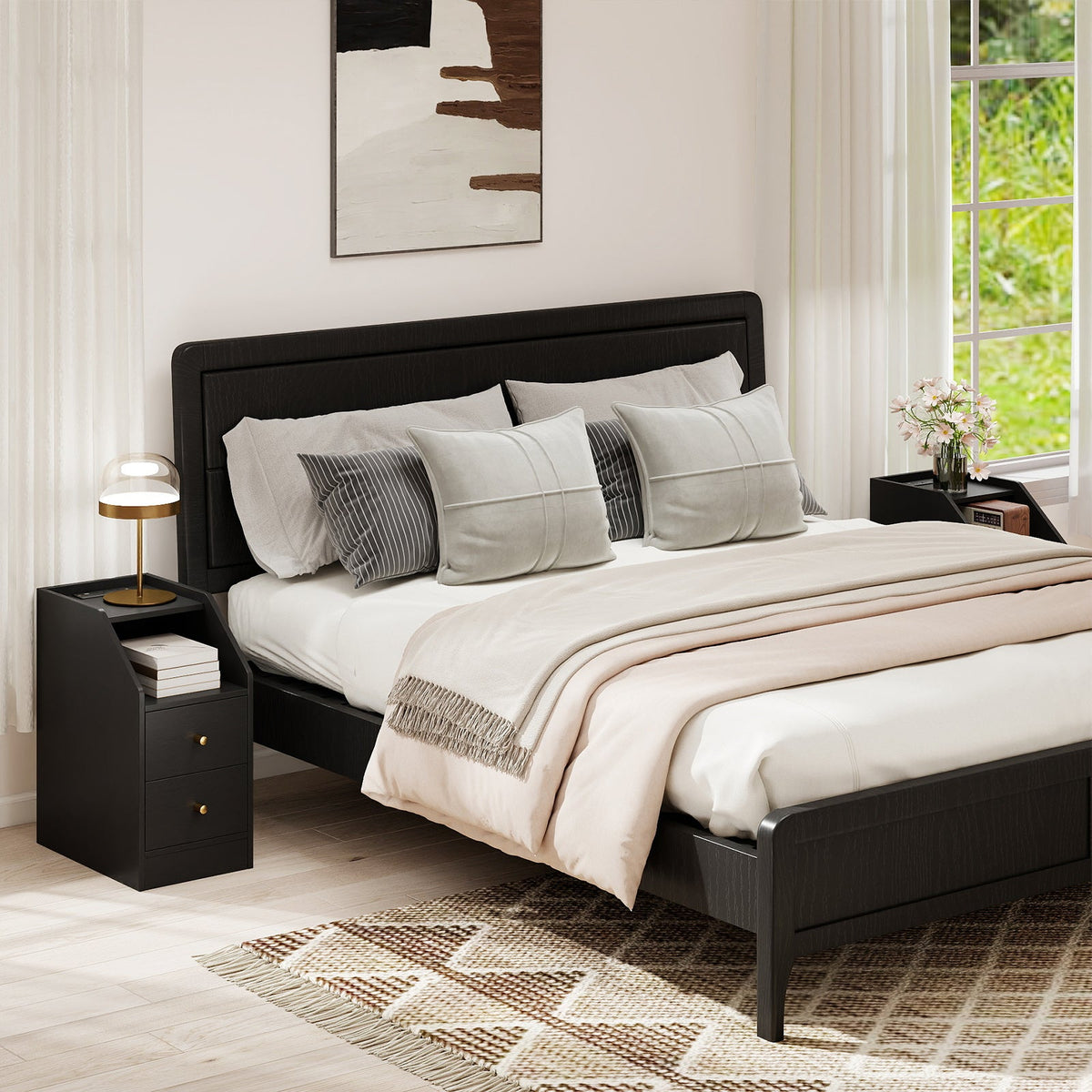 Set of 2 Side End Tables with Charging Station Sofa Couch Tables with Shelf Drawers