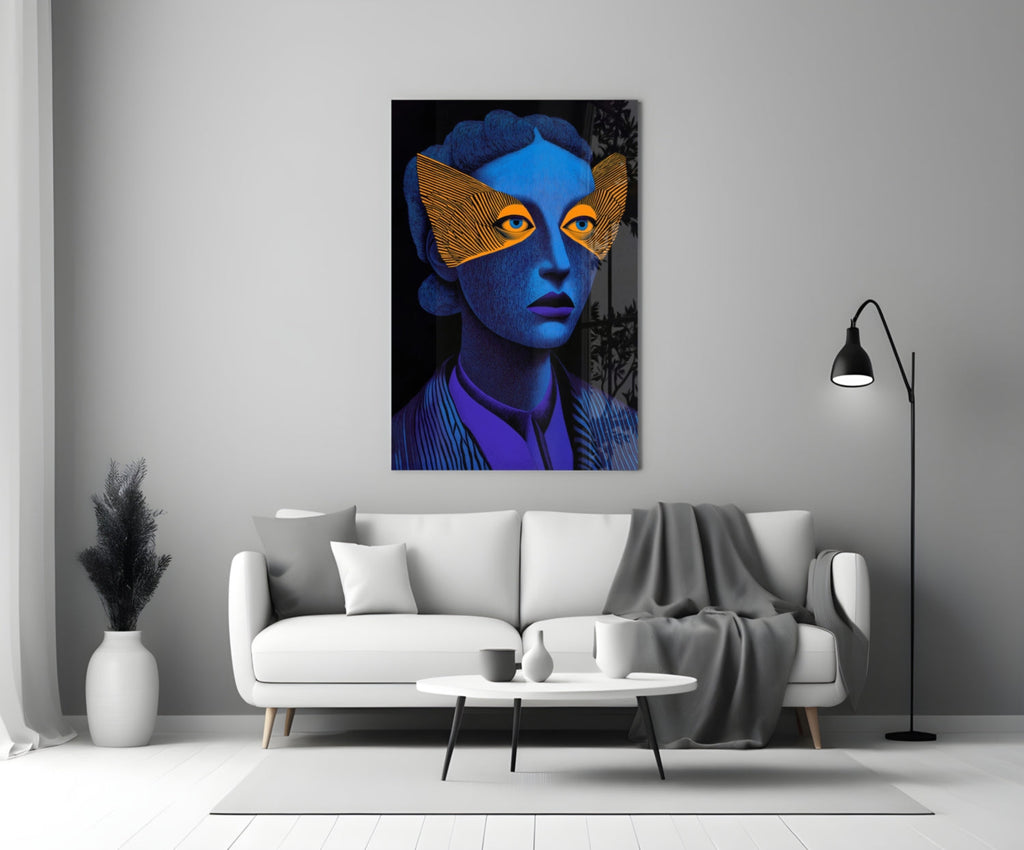 Blue Portrait Orange Geometric Eye Mask Glass Wall Art