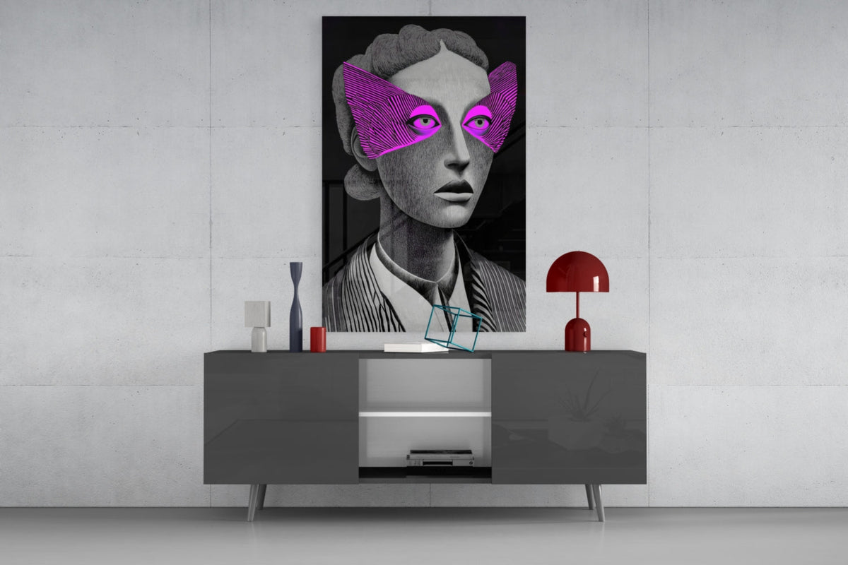 Grayscale Portrait Magenta Eye Mask Glass Wall Art