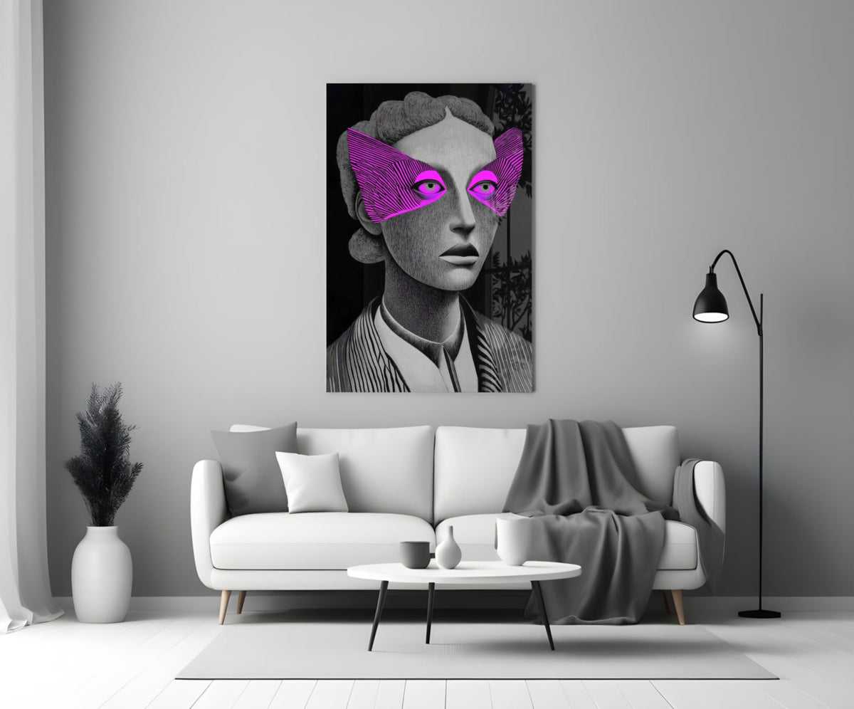 Grayscale Portrait Magenta Eye Mask Glass Wall Art