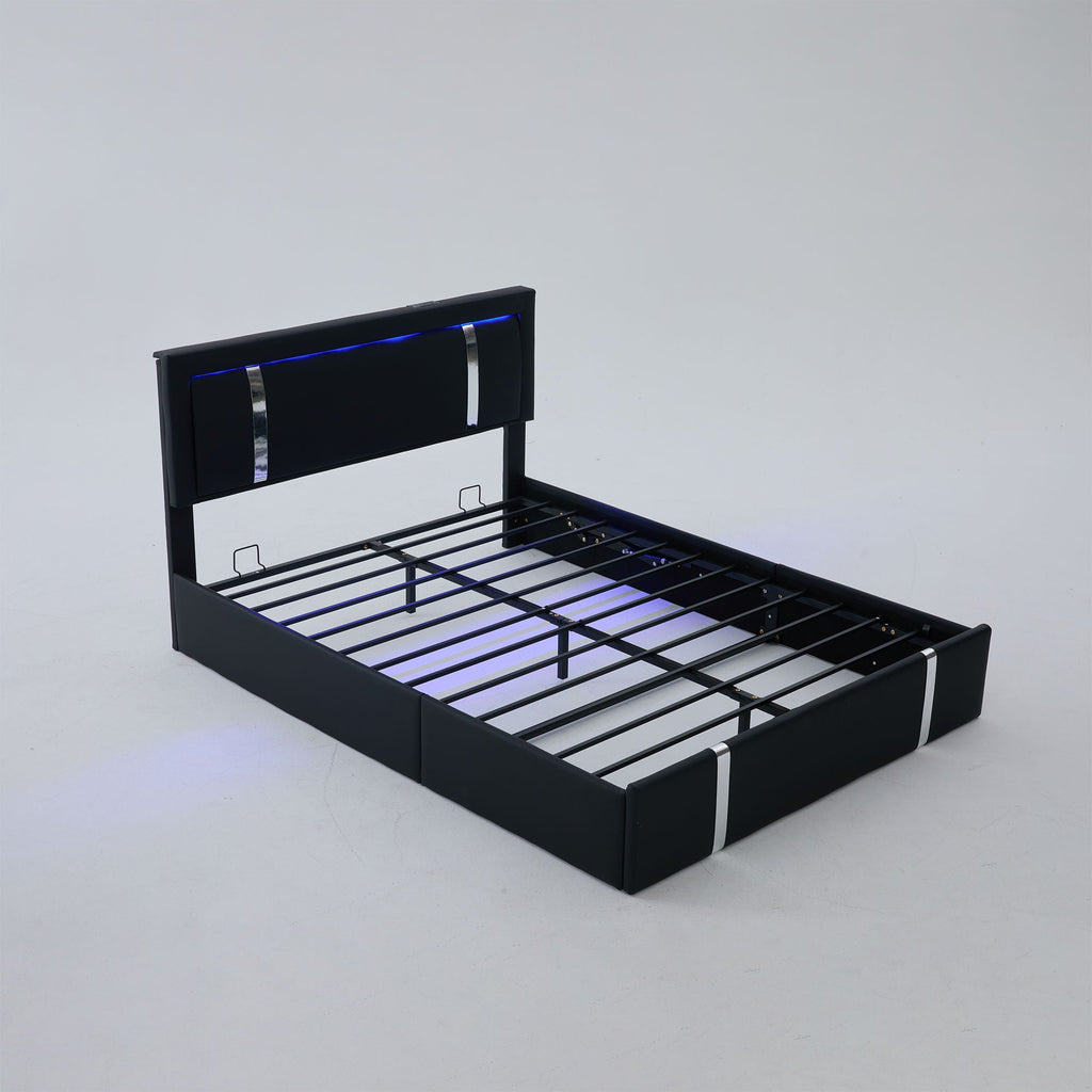 Upholstered Platform Bed Frame With Adjustable LED Headboard, USB C-Charging, Hydraulic Lift