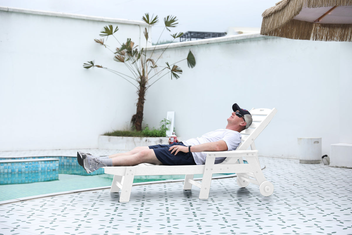HDPE Outdoor Chaise Lounge Chair with Adjustable Backrest - Wood Texture