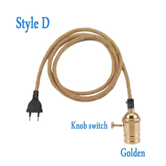 Retro Hemp Rope Cord Twisted Cable Braided Flexible Light Socket Switch Vintage Edison Bulb Lamp Holder Hemp Rope Cord Hang Lamp Industrial Vintage Pendant Light Socket Set