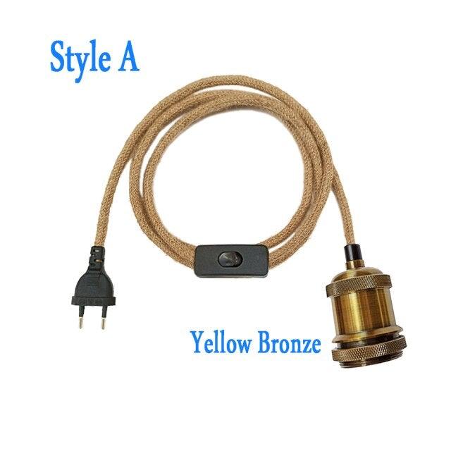 Retro Hemp Rope Cord Twisted Cable Braided Flexible Light Socket Switch Vintage Edison Bulb Lamp Holder Hemp Rope Cord Hang Lamp Industrial Vintage Pendant Light Socket Set