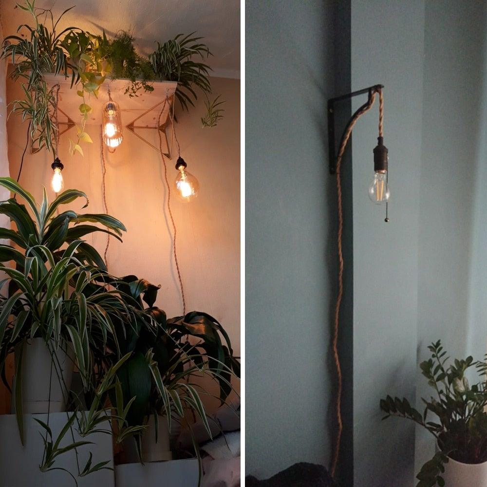 Retro Hemp Rope Cord Twisted Cable Braided Flexible Light Socket Switch Vintage Edison Bulb Lamp Holder Hemp Rope Cord Hang Lamp Industrial Vintage Pendant Light Socket Set