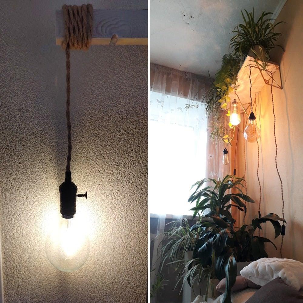 Retro Hemp Rope Cord Twisted Cable Braided Flexible Light Socket Switch Vintage Edison Bulb Lamp Holder Hemp Rope Cord Hang Lamp Industrial Vintage Pendant Light Socket Set