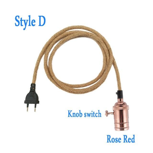 Retro Hemp Rope Cord Twisted Cable Braided Flexible Light Socket Switch Vintage Edison Bulb Lamp Holder Hemp Rope Cord Hang Lamp Industrial Vintage Pendant Light Socket Set