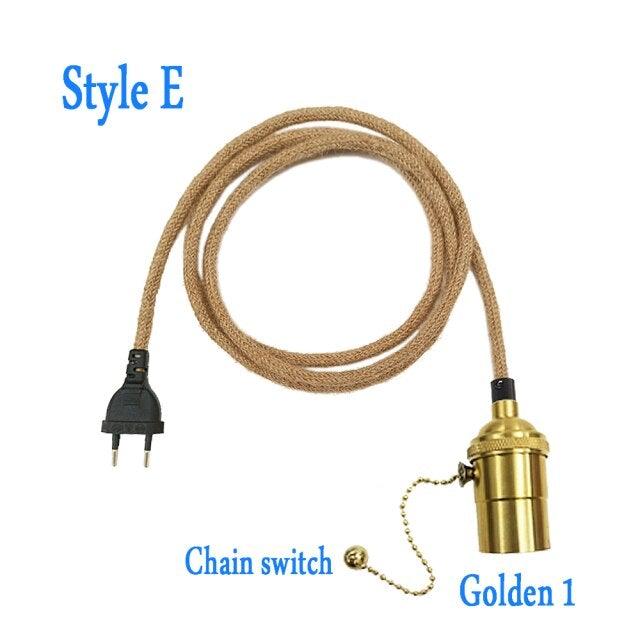Retro Hemp Rope Cord Twisted Cable Braided Flexible Light Socket Switch Vintage Edison Bulb Lamp Holder Hemp Rope Cord Hang Lamp Industrial Vintage Pendant Light Socket Set