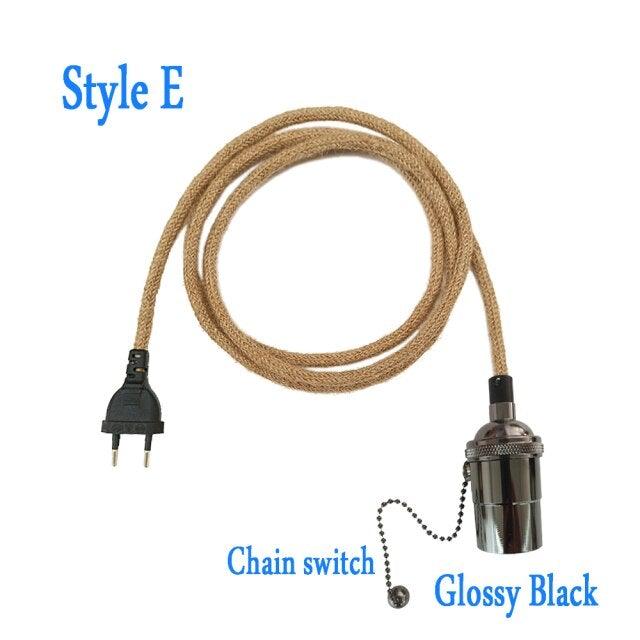 Retro Hemp Rope Cord Twisted Cable Braided Flexible Light Socket Switch Vintage Edison Bulb Lamp Holder Hemp Rope Cord Hang Lamp Industrial Vintage Pendant Light Socket Set