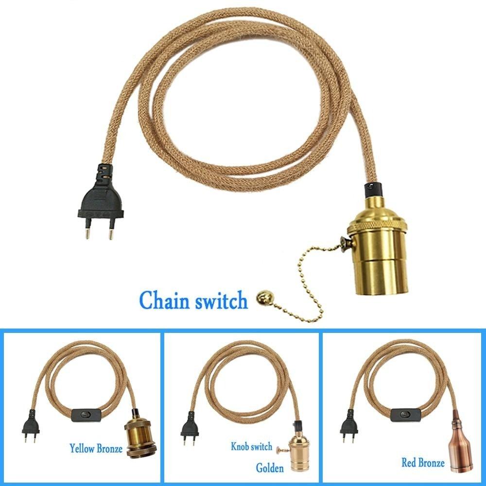 Retro Hemp Rope Cord Twisted Cable Braided Flexible Light Socket Switch Vintage Edison Bulb Lamp Holder Hemp Rope Cord Hang Lamp Industrial Vintage Pendant Light Socket Set