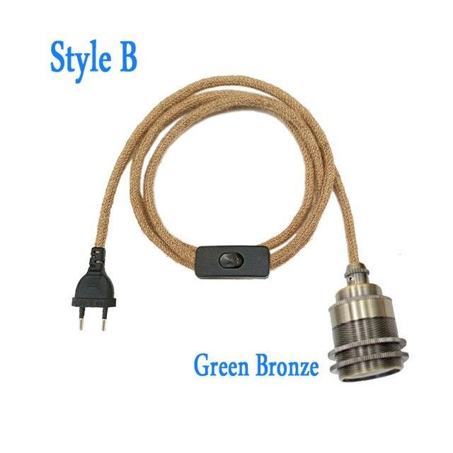Retro Hemp Rope Cord Twisted Cable Braided Flexible Light Socket Switch Vintage Edison Bulb Lamp Holder Hemp Rope Cord Hang Lamp Industrial Vintage Pendant Light Socket Set