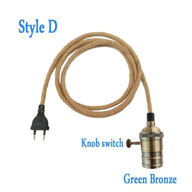 Retro Hemp Rope Cord Twisted Cable Braided Flexible Light Socket Switch Vintage Edison Bulb Lamp Holder Hemp Rope Cord Hang Lamp Industrial Vintage Pendant Light Socket Set