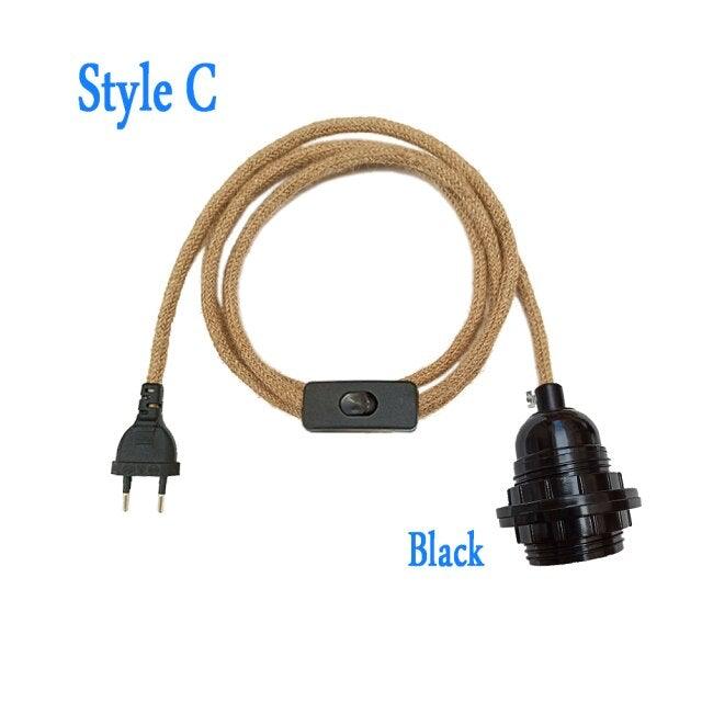 Retro Hemp Rope Cord Twisted Cable Braided Flexible Light Socket Switch Vintage Edison Bulb Lamp Holder Hemp Rope Cord Hang Lamp Industrial Vintage Pendant Light Socket Set