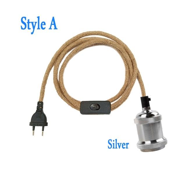 Retro Hemp Rope Cord Twisted Cable Braided Flexible Light Socket Switch Vintage Edison Bulb Lamp Holder Hemp Rope Cord Hang Lamp Industrial Vintage Pendant Light Socket Set