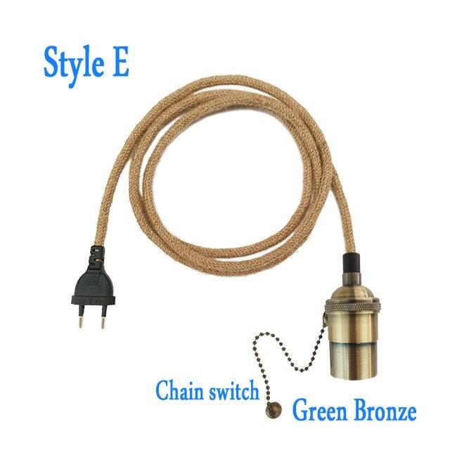 Retro Hemp Rope Cord Twisted Cable Braided Flexible Light Socket Switch Vintage Edison Bulb Lamp Holder Hemp Rope Cord Hang Lamp Industrial Vintage Pendant Light Socket Set