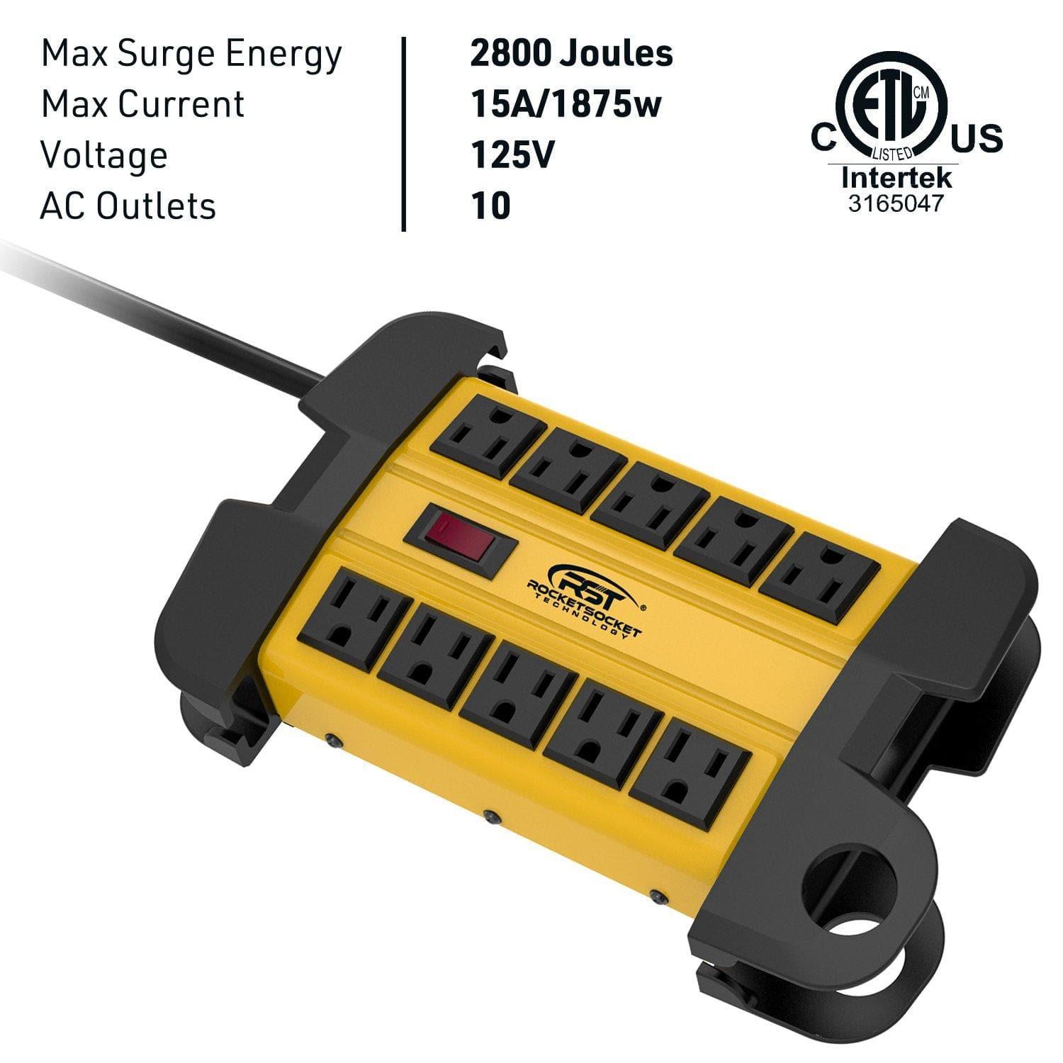 CRST 10-Outlet Metal Surge Protector Power Strip, 2800 Joules Protection, 15FT/6FT Heavy Duty Power Cord with Management Wrap, Wall Mountable Design